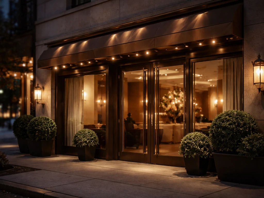 Evening exterior of Le Bernardin restaurant with glowing signage and a clean, upscale street view.
