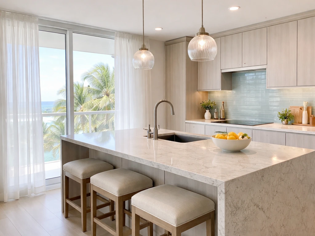 Sunlit Miami Beach condo interior with an elegant kitchen island and ocean-blue tones