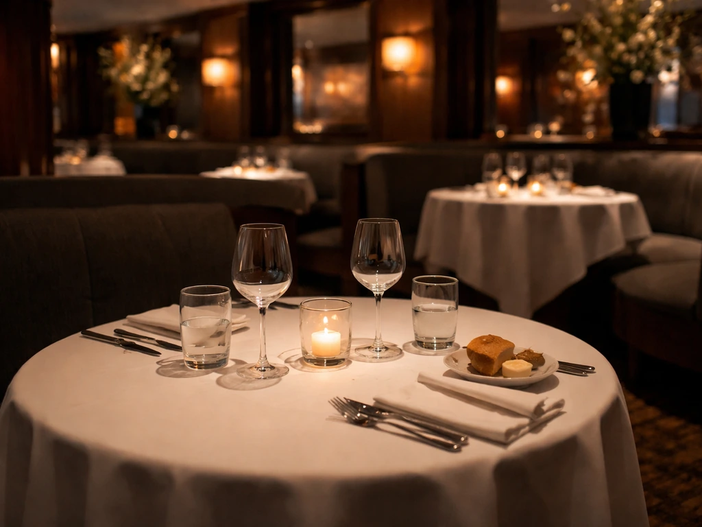 Minimal photo of an elegant Le Bernardin-style dining room table and warm upscale interior details.