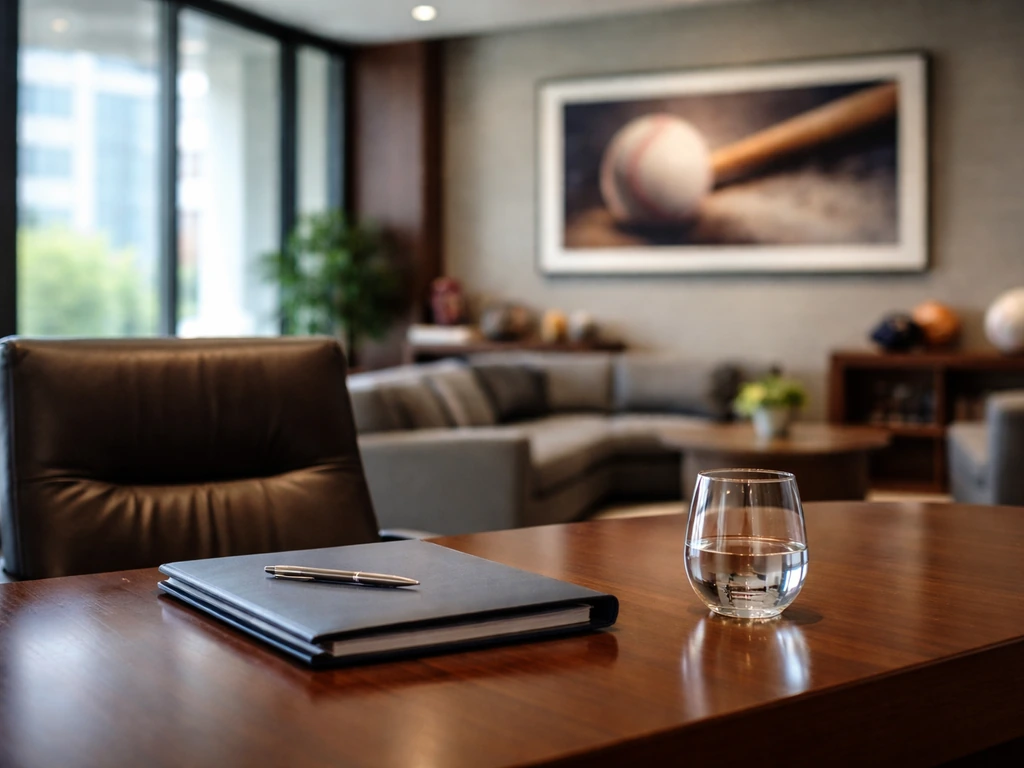 Empty modern Chicago office lobby desk with sports-themed decor suggesting ownership and leadership