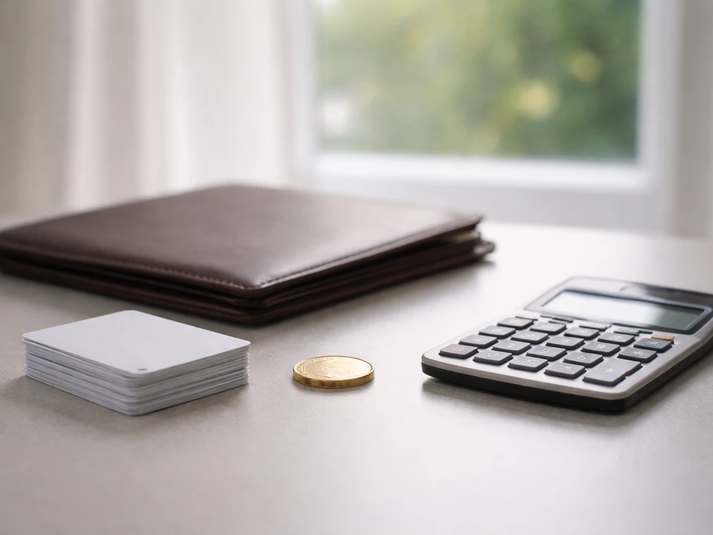 Minimal desk scene with a calculator, coin, and cards symbolizing shifting net worth estimates.