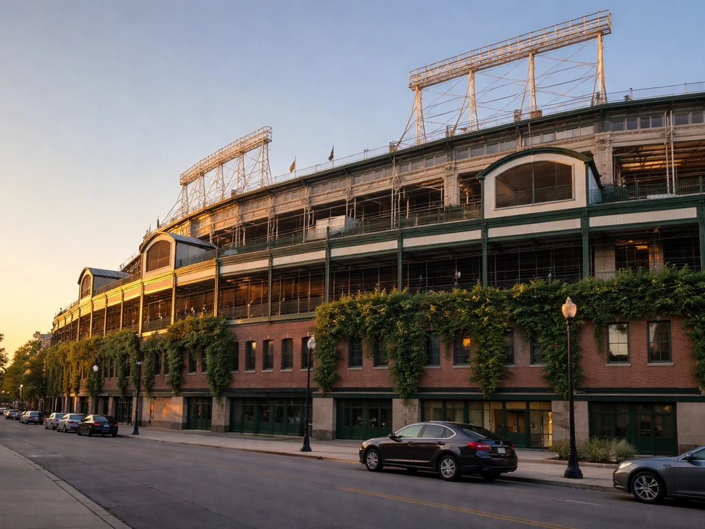 Wrigley Field exterior with classic brick façade and ballpark signage in Chicago at golden hour.