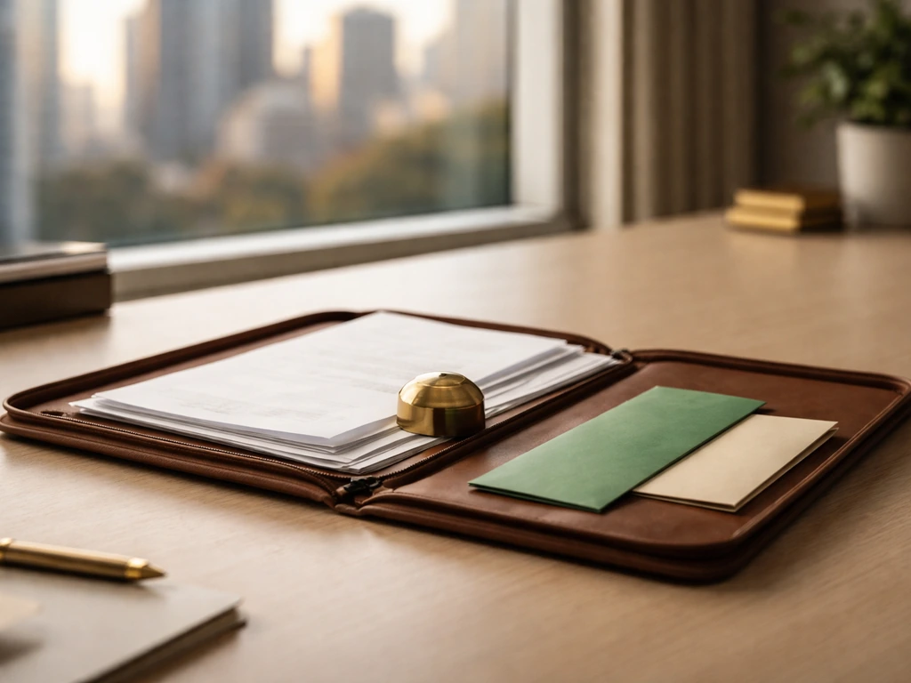 Minimal finance desk scene with open portfolio and two unlabeled envelopes suggesting a dominant wealth driver