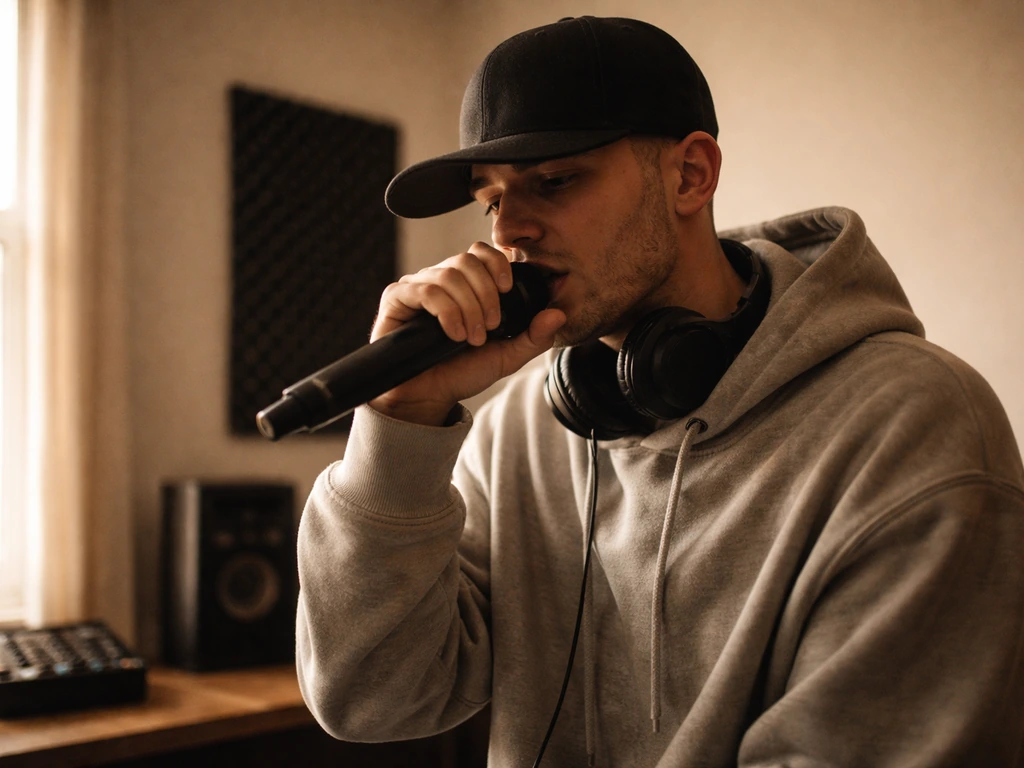 An anonymous rapper in a simple studio setup with a microphone and headphones, Southern California vibe