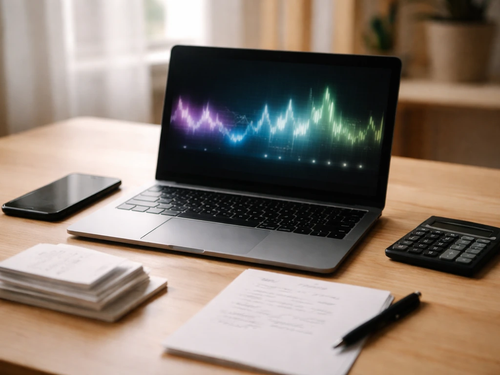 Minimal photo of a studio desk with a laptop showing music analytics-style visuals and a calculator beside receipts