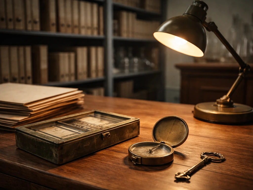 Quiet archive desk with lab glassware and preservation items, suggesting an American businessman-chemical engineer.