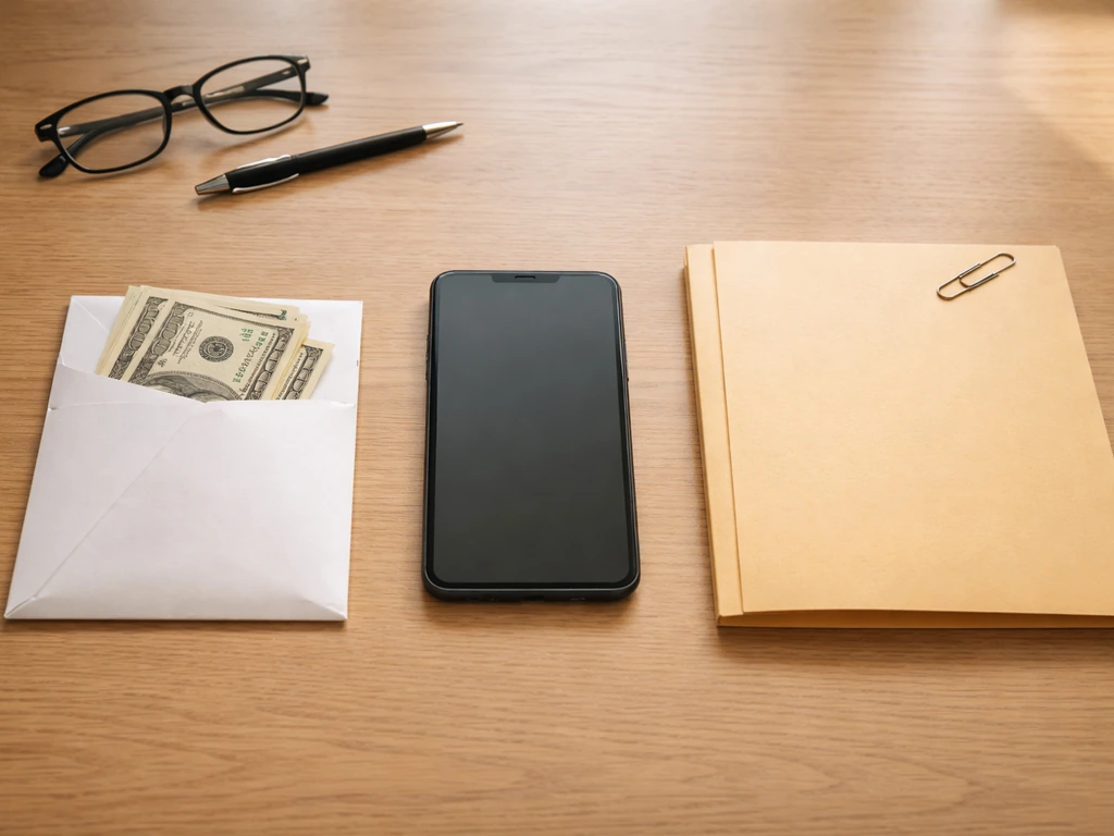 Minimal desk scene with money, a phone, and a folder suggesting differing private wealth estimates