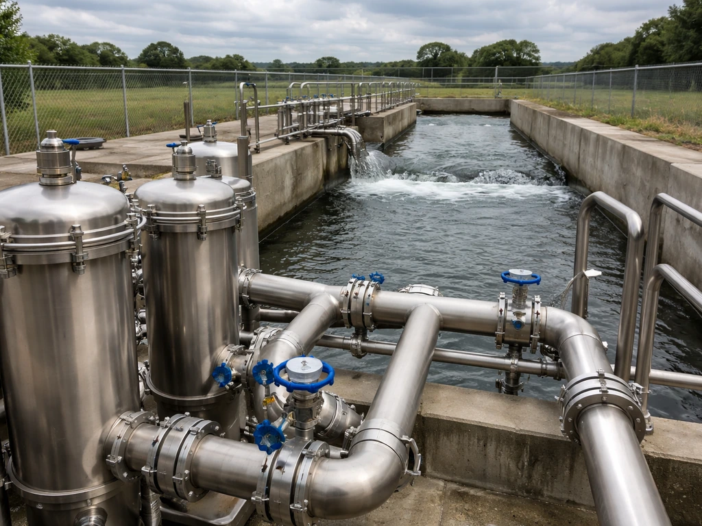 Close view of stainless water treatment equipment and pipes with clear flowing water in an industrial facility.
