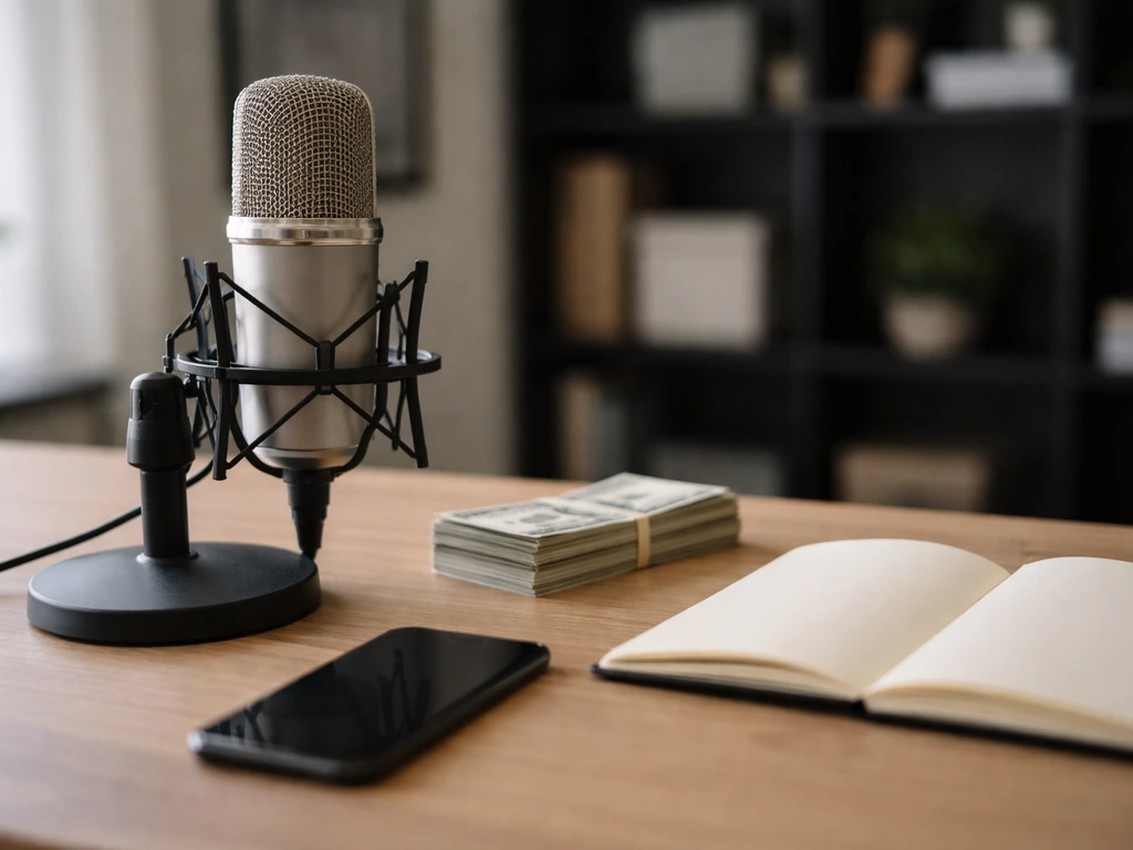 Minimal studio scene with a microphone and a small stack of cash symbolizing current 2026 wealth estimates