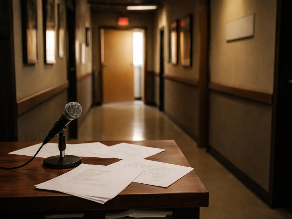 Backstage studio desk with a microphone and blank script pages, symbolizing a TV comedy career milestone.