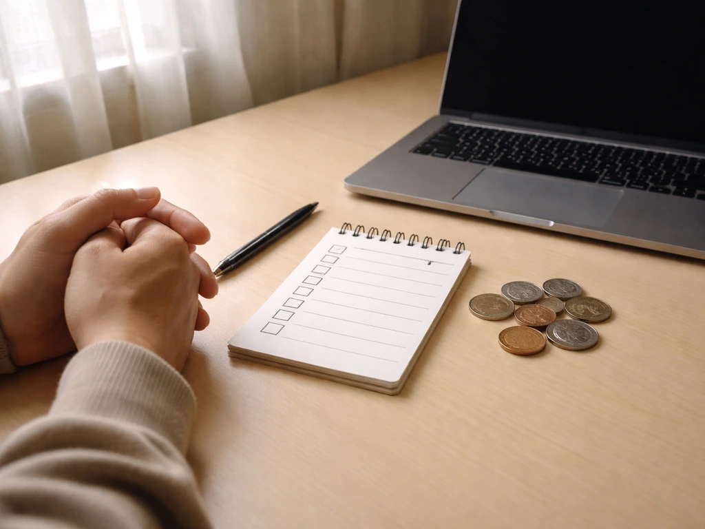 Minimal photo of a desk setup with scattered checklists and coins, suggesting evaluating varying net worth estimates.