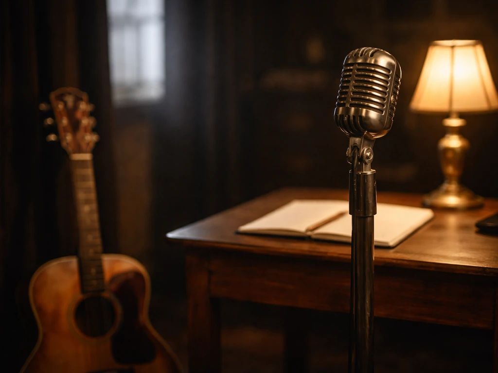 Vintage country music scene with an old microphone and a dim studio desk, symbolizing a famous entertainer’s legacy