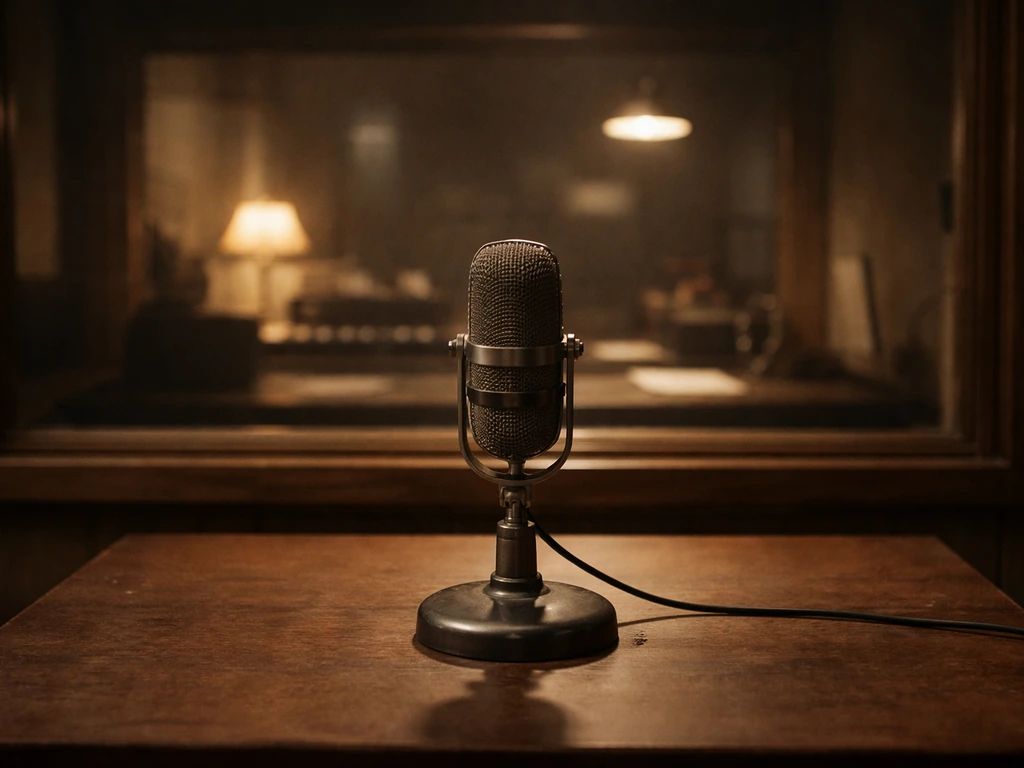 Old radio broadcast studio with vintage microphone, warm lights, and a simple desk setup