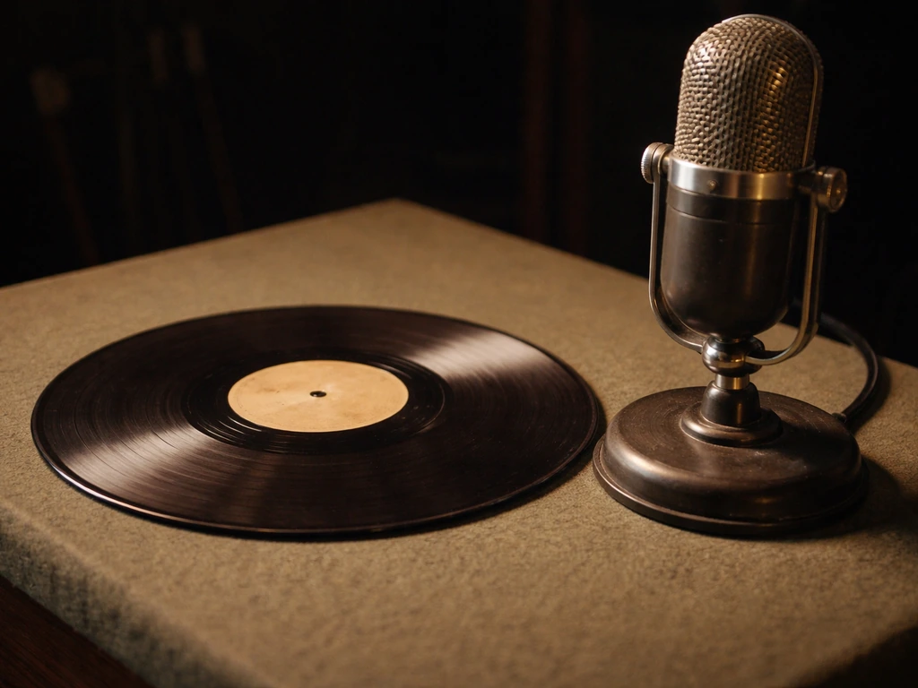 Vintage 78 RPM record on a felt table next to an old studio microphone in soft light.