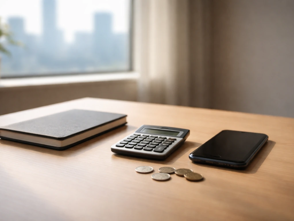 Minimal office desk scene with a calculator, smartphone, and scattered coins symbolizing comparing net-worth figures.