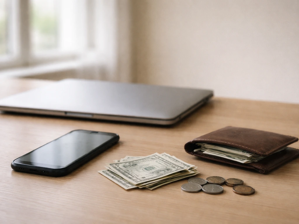 Minimal office desk with scattered cash and a smartphone showing a blurred finance calculator