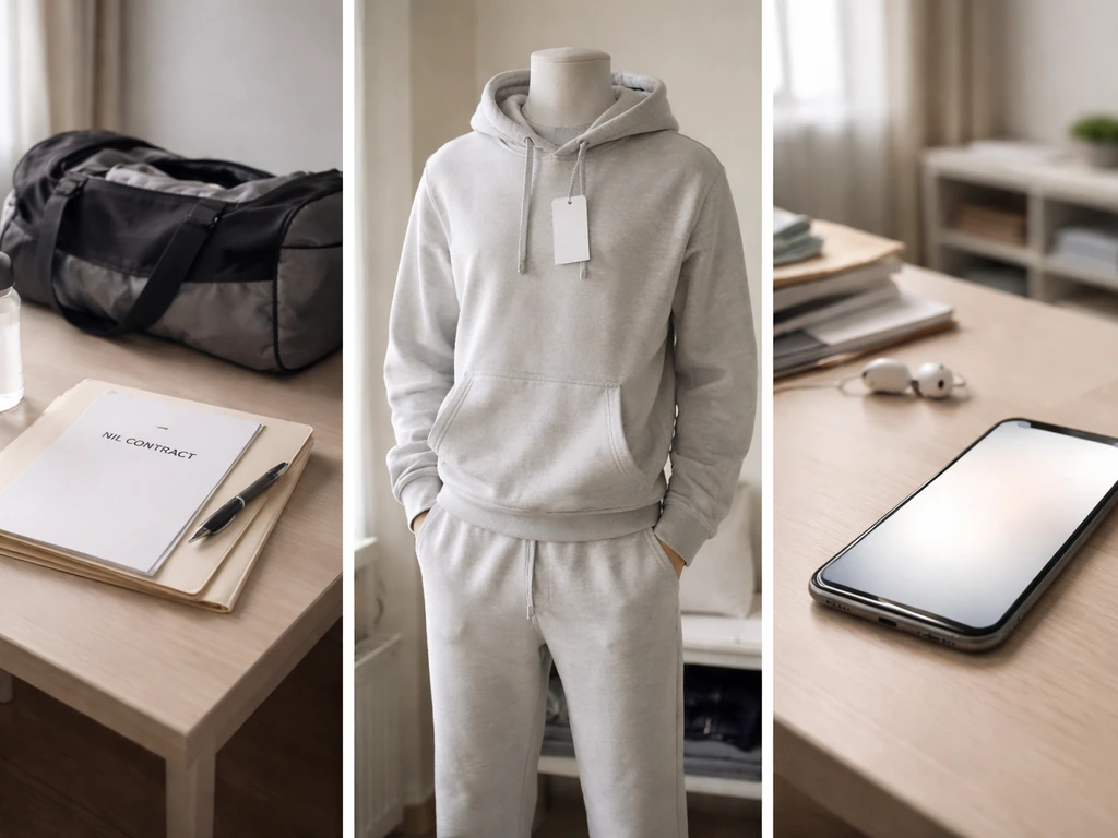 Minimal three-panel collage showing generic NIL deal items: contract folder, apparel, and a smartphone.