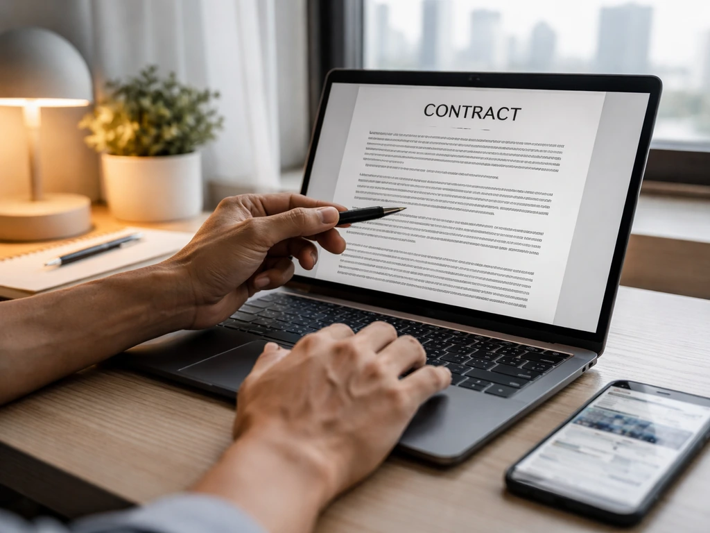 Person reviewing a contract page on a laptop with a smartphone beside it in a quiet office setting.