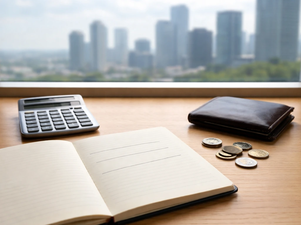 Minimal desk with wallet, coins, calculator, and an open notebook, symbolizing a wide financial estimate range.