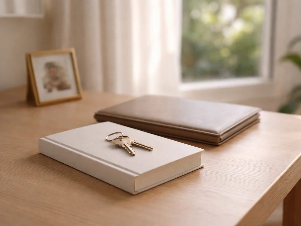 Minimal desk scene with a house key, closed portfolio, and hardcover book symbolizing assets and milestones.