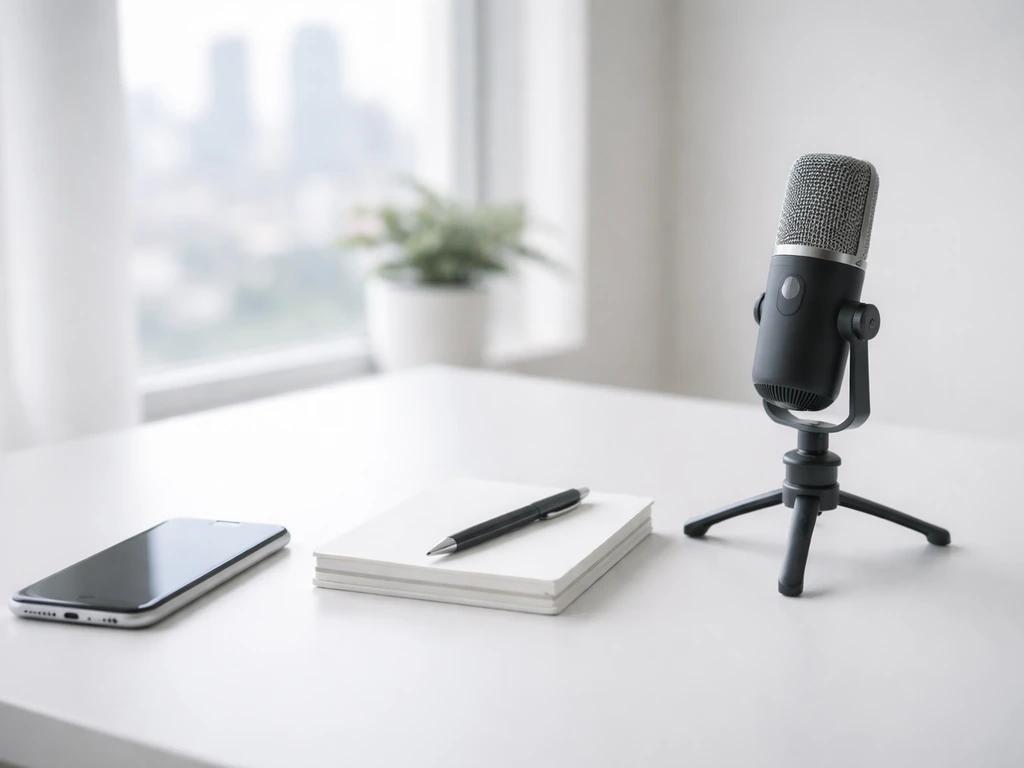 Minimal office desk scene with smartphone, notepad, and microphone suggesting comparing estimation approaches