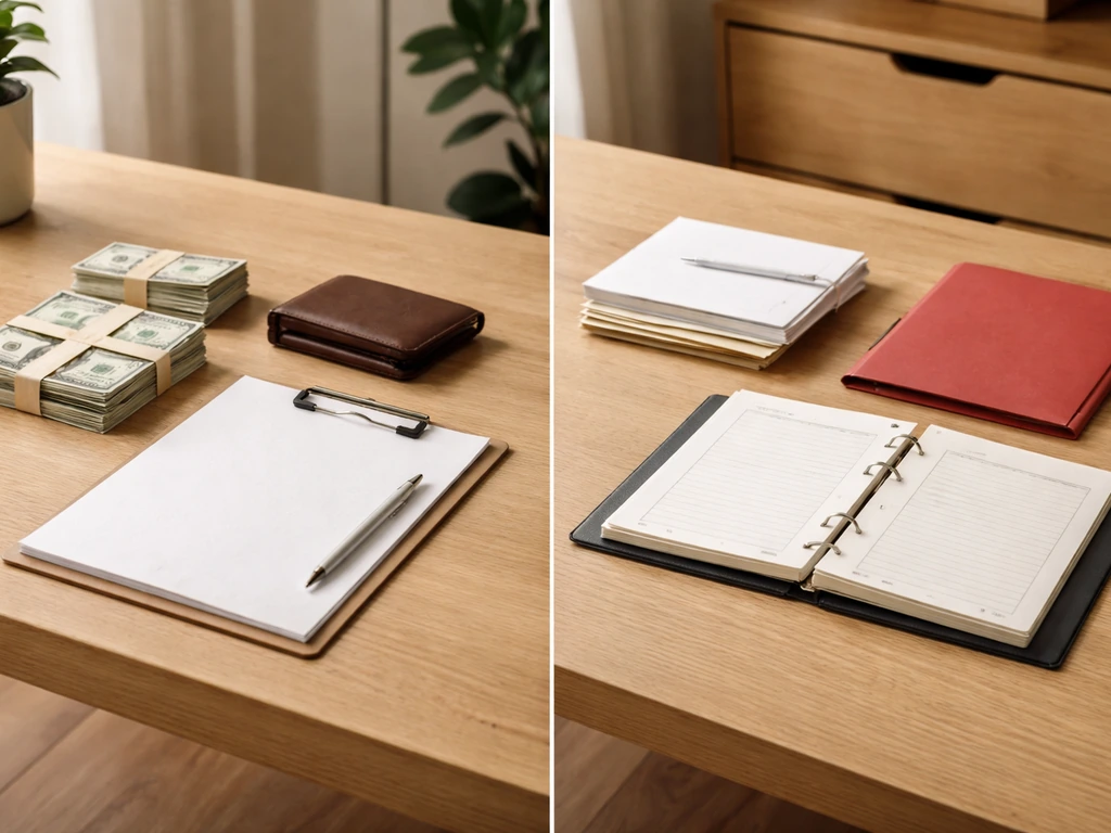Minimal home-office desk split between assets and liabilities items to symbolize net worth.