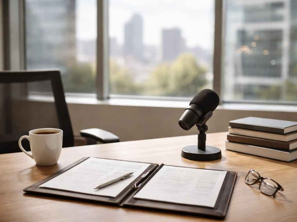 Sunlit finance office desk with a microphone and investment books, no people, minimal wealth-management vibe.