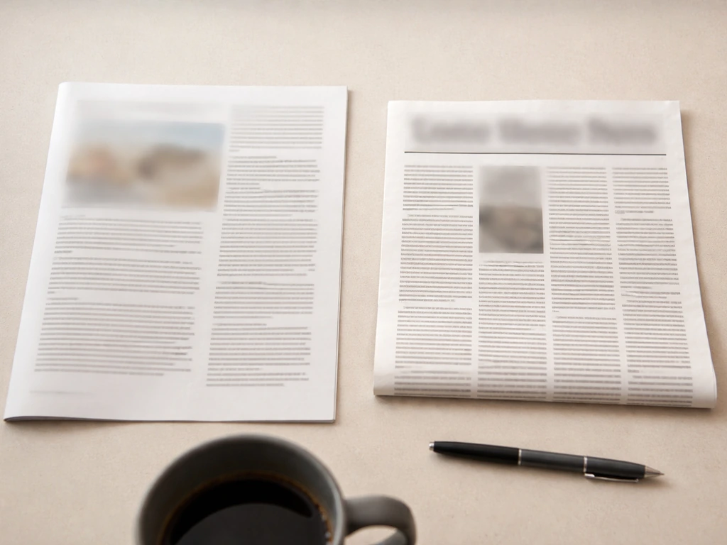 Desk with a blurred article-page mockup and a newspaper clipping representing journalism income verification.