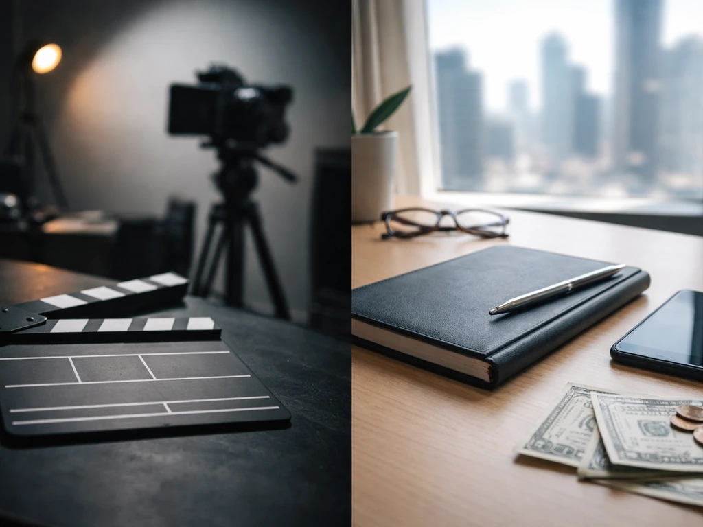 Minimal studio and finance symbols side-by-side to suggest verifying the right cinematographer without showing anyone