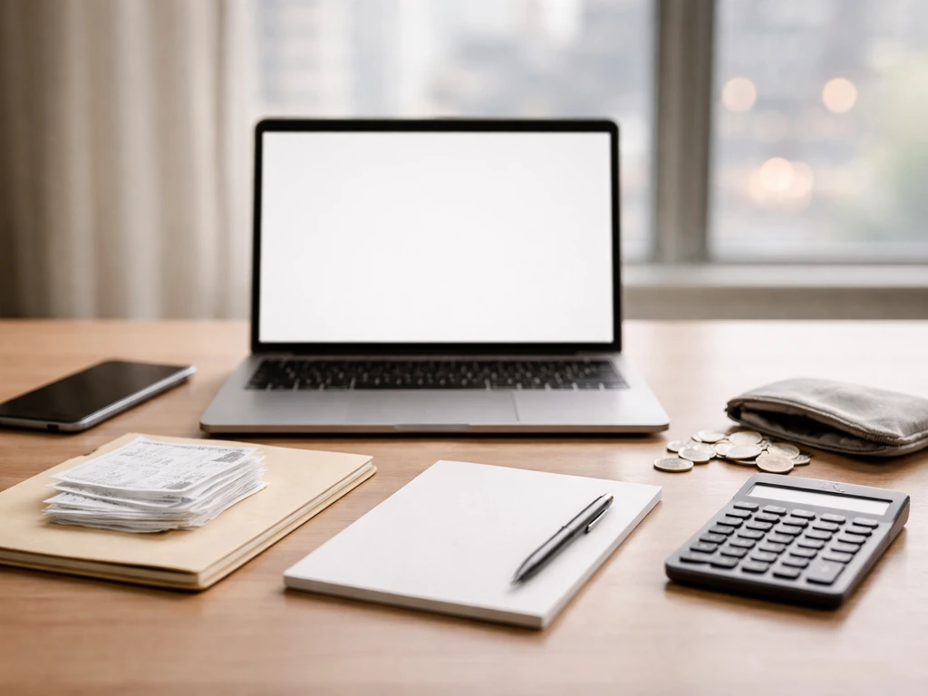 Minimal desk scene with laptop, receipts, folder, coins, and calculator symbolizing net-worth estimation inputs