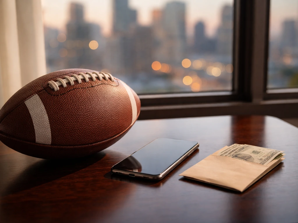 NFL football on a desk beside a smartphone and cash envelope with a softly lit city skyline outside.