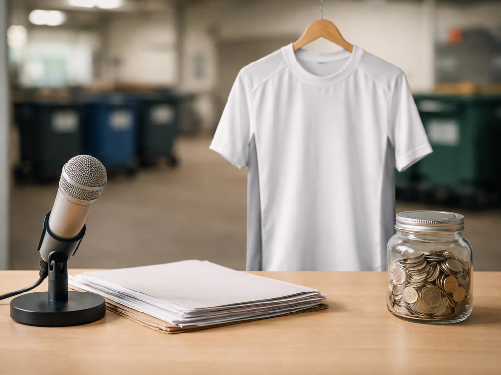 Blank sports jersey, microphone, paperwork, coins, and blurred recycling bins in a minimal desk still life.