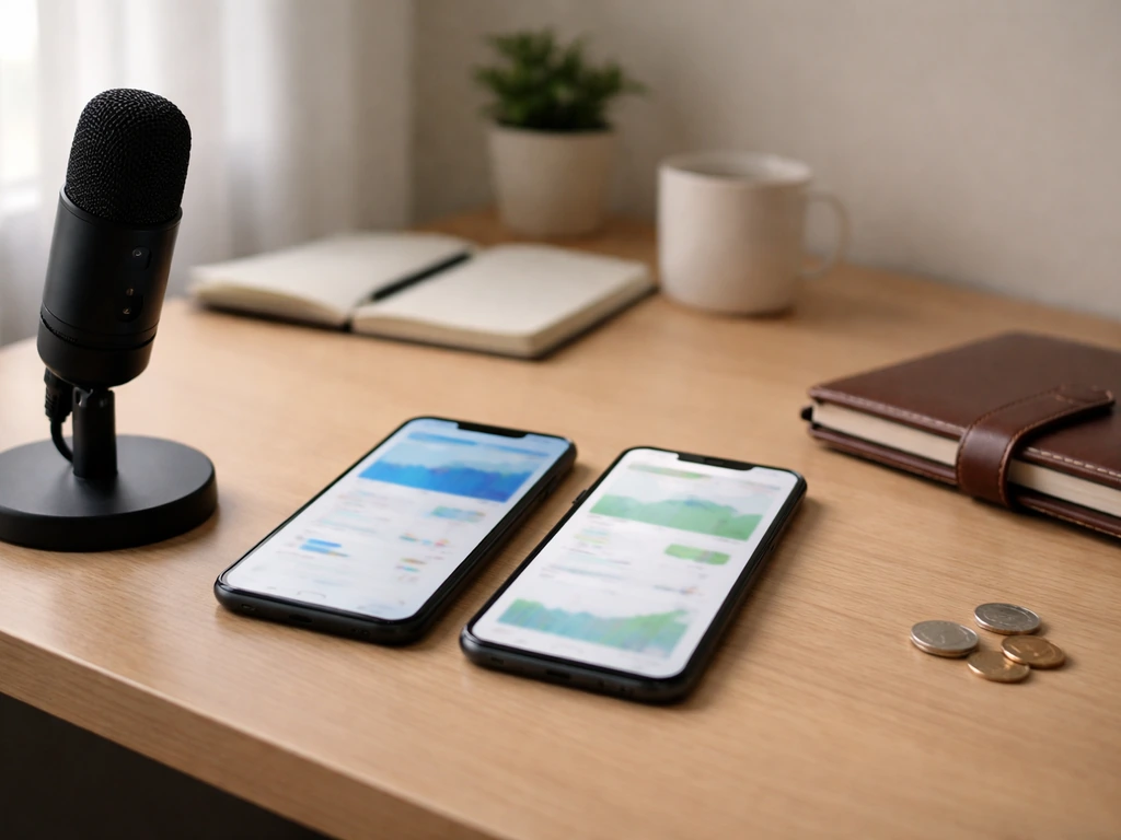 Minimal desk scene with two phones and a microphone, symbolizing differing reported net worth figures across sources.