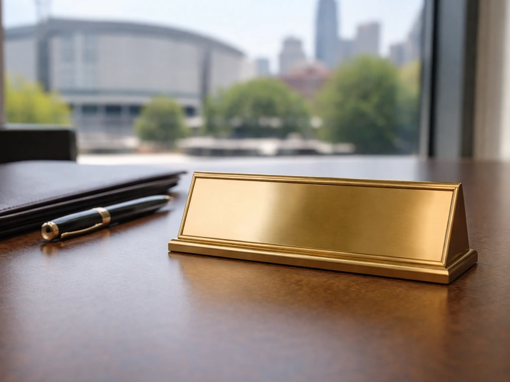 Close-up of a polished office nameplate on a desk beside a sealed folder and a blurred sports arena backdrop.