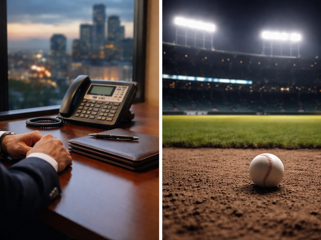 Split scene: finance desk with brokerage phone and a quiet stadium with a baseball under lights.