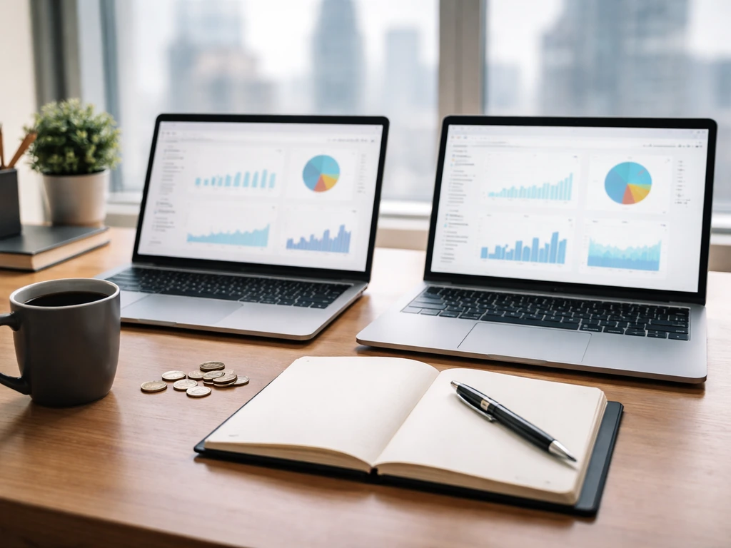 Two open laptops on a desk with a notepad, surrounded by subtle money and media cues