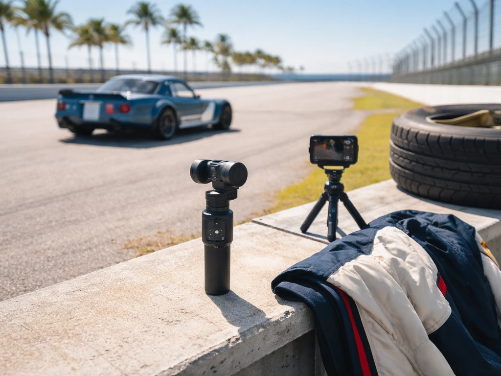 Automotive creator scene with camera gear near a sports car at a Florida track, symbolizing racing and media work