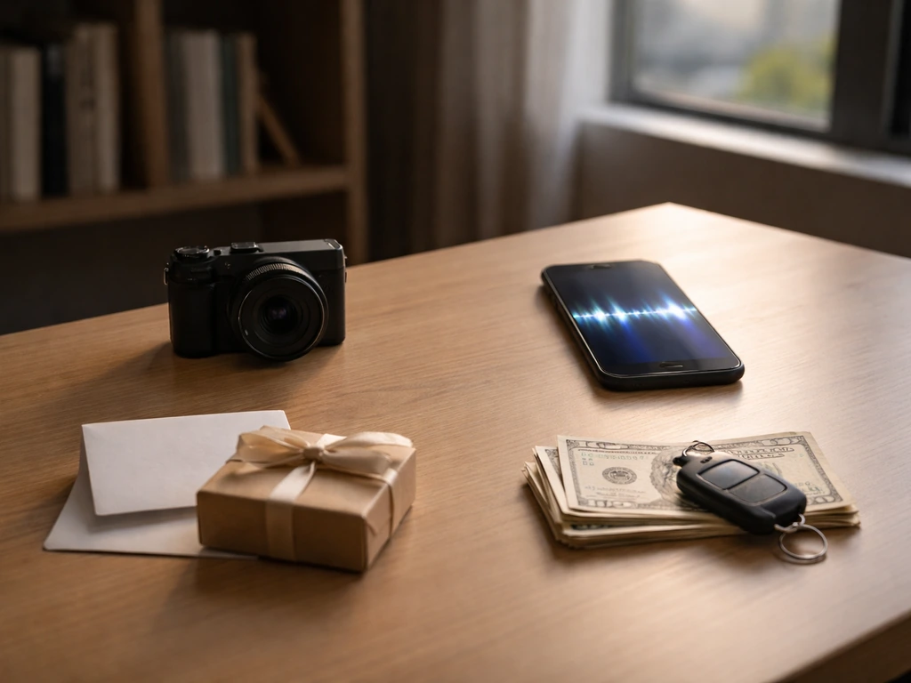 Minimal studio desk with camera, smartphone, and cash-like props suggesting creator revenue sources