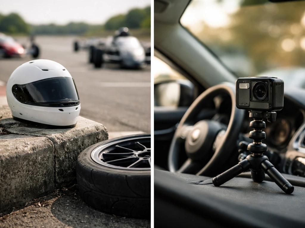Close-up of generic racing gear transitioning to an automotive camera rig aimed at a car dashboard.