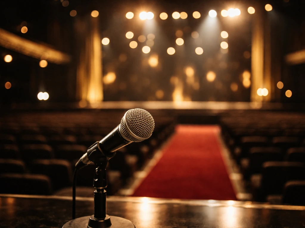 Blurred interview-style awards hall with a microphone and soft stage lights, suggesting a film industry finance profile.