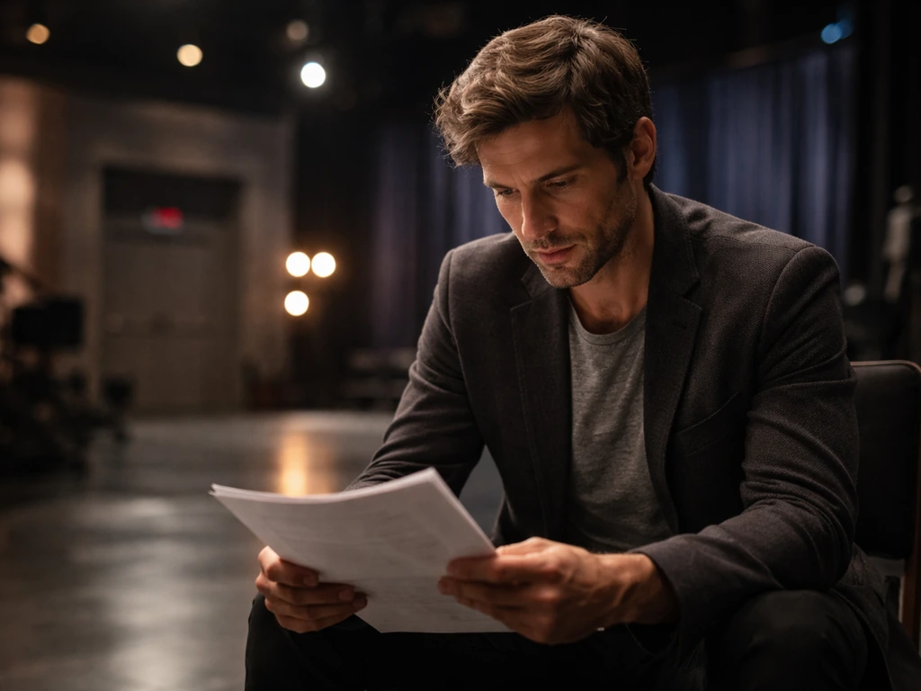 Anonymous actor in a TV studio holding a script, softly lit background, minimal composition.