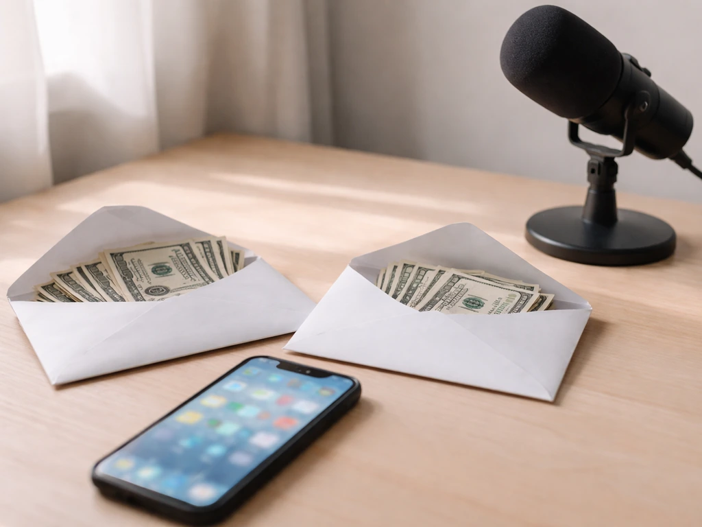 Minimal desk with cash envelopes and a blurred phone, suggesting differing net worth estimates.