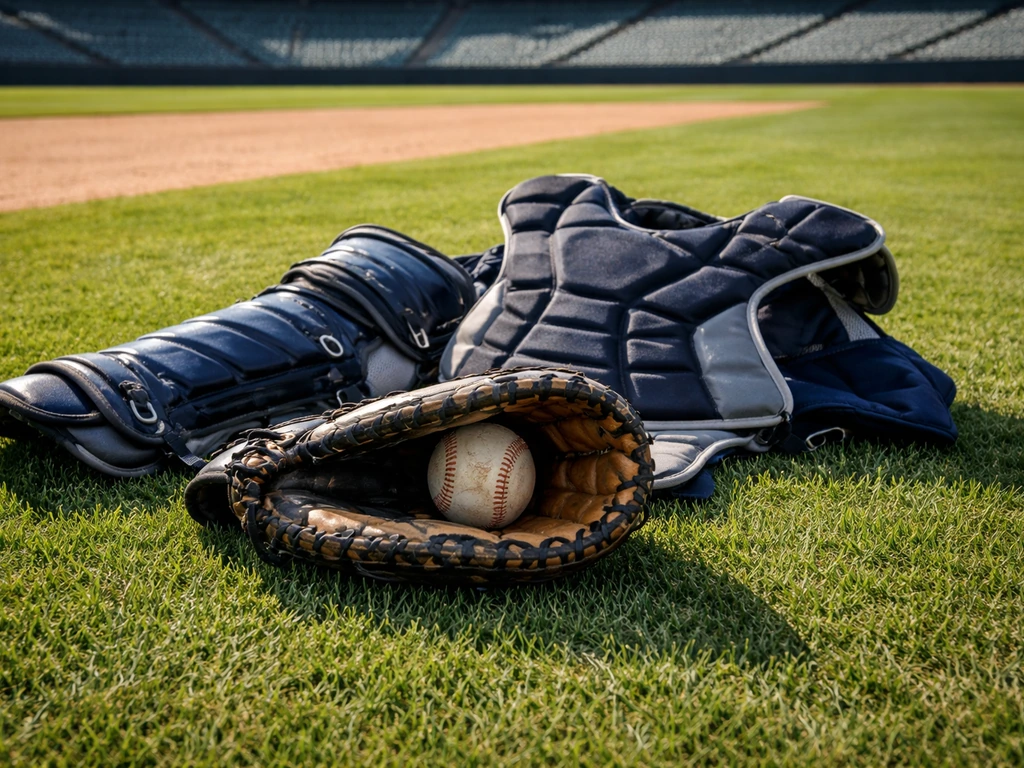 Catcher gear on baseball field grass with a blurred stadium background, symbolizing an MLB player profile.