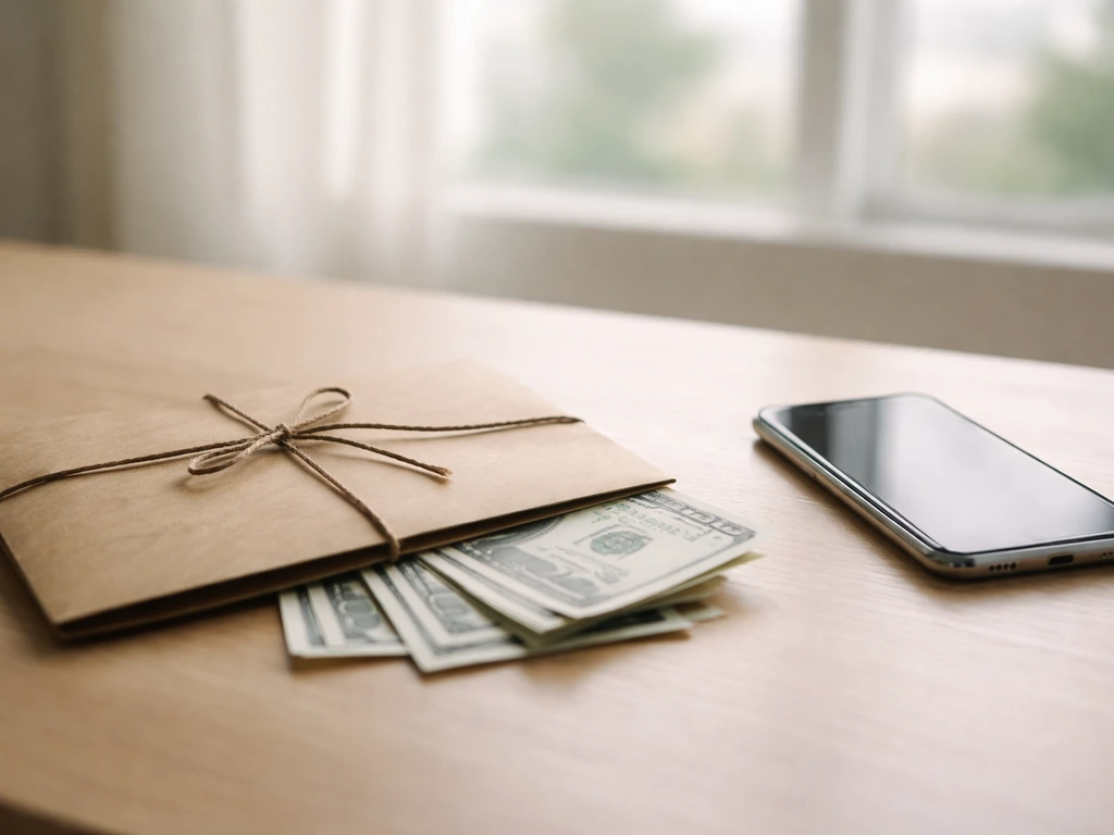Minimal office scene with a sealed envelope and a smartphone, symbolizing career financial milestones.
