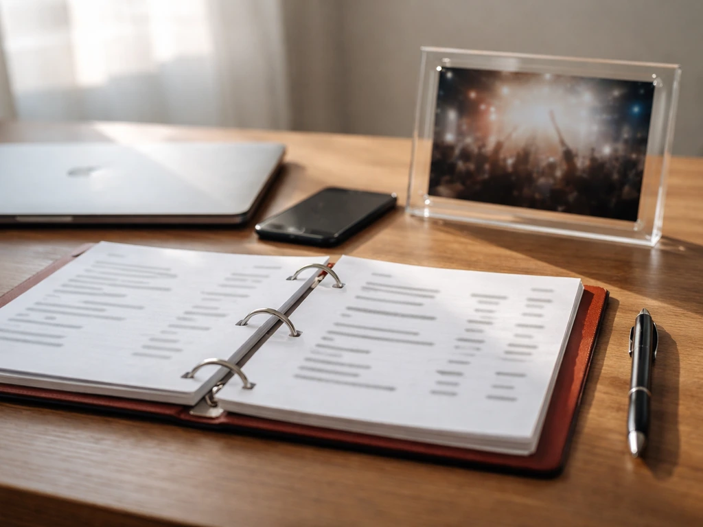 Minimal desk scene with a redacted ledger binder and a blurred concert still in a clear frame.