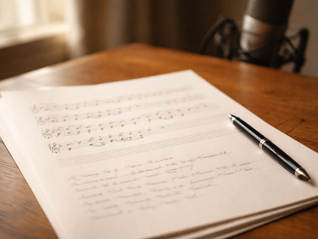 Close-up of music manuscript paper on a desk with a pen and blurred studio mic, symbolizing songwriting royalties
