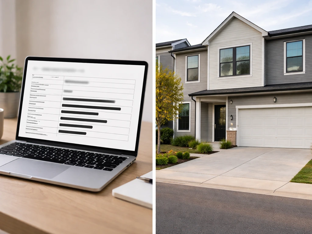 Minimal scene with a redacted property-records mockup beside a modern home exterior, suggesting real-estate verification