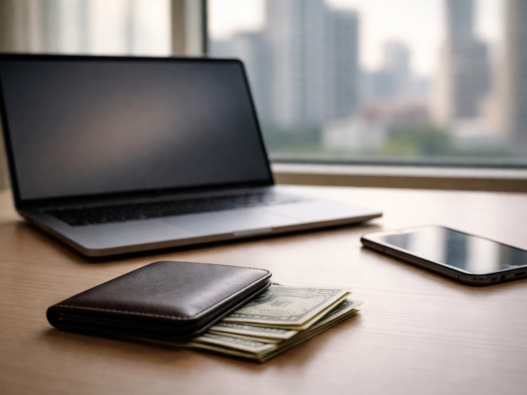 Minimal desk scene with cash and a smartphone, suggesting a media-and-money net worth estimate callout.