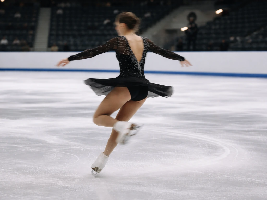 Anonymous figure skater mid-turn on an indoor ice rink, evoking competitive career earnings.
