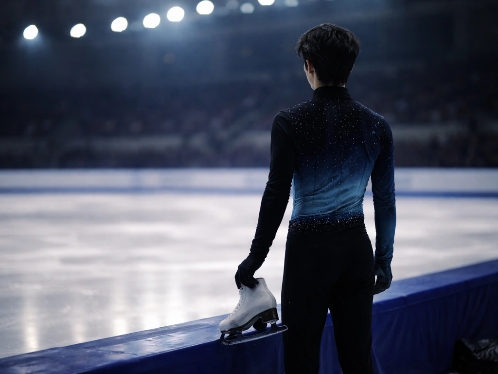 Figure skater in competition gear on an Olympic ice rink, holding a skate boot in Pyeongchang atmosphere.